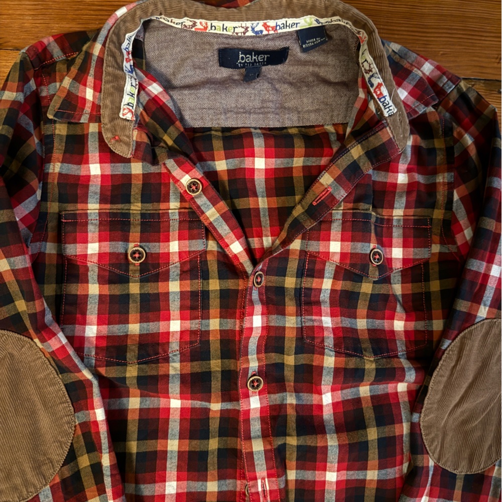 Ted Baker boys Casual Plaid button-down, work Shirt - Red, Brown, elbow patches